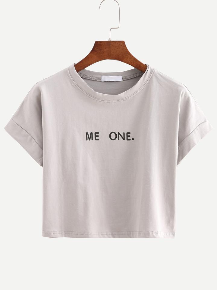 Romwe Letter Print Crop T-shirt - Grey
