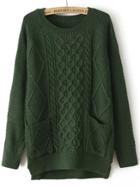 Romwe Green Round Neck Pockets Cable Knit Sweater