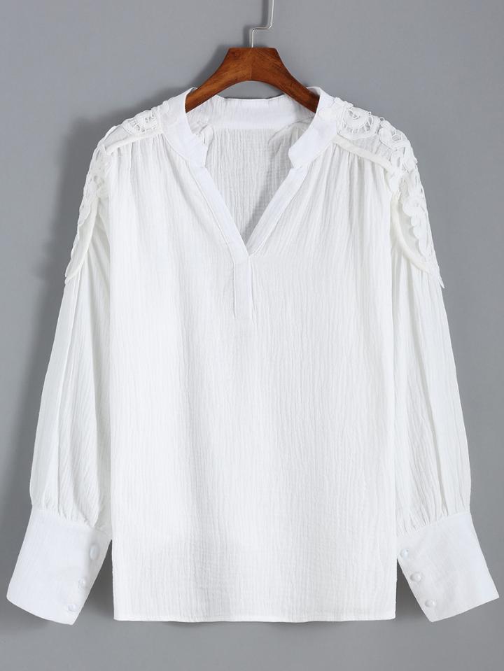 Romwe V Neck Lace Insert White Blouse
