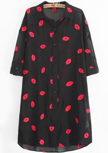 Romwe Dip Hem Lips Print Black Blouse