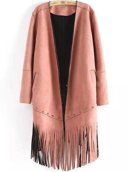 Romwe Long Sleeve Bead Tassel Pink Coat