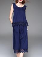 Romwe Navy Backless Belted Crochet Hollow Out Jumpsuit