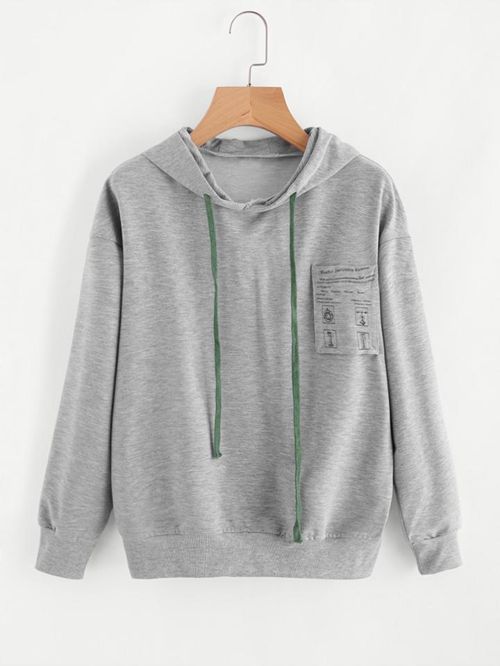 Romwe Graphic Print Pocket Drawstring Hoodie