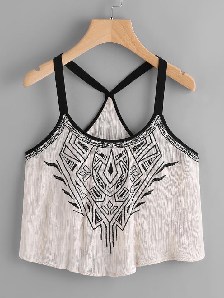Romwe Embroidered Ringer Pleated Cami Top