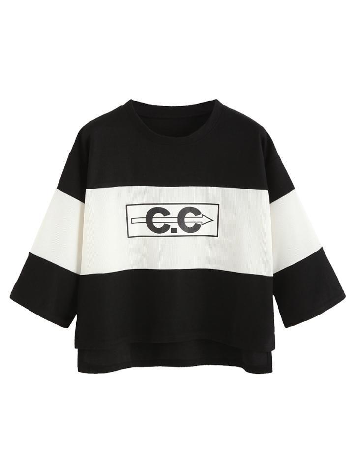 Romwe Black White Letter Print Drop Shoulder High Low T-shirt
