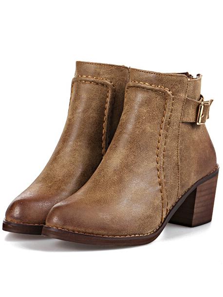 Romwe Brown Chunky Heel Buckle Strap Boots
