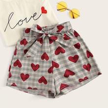 Romwe Heart Print Plaid Shorts