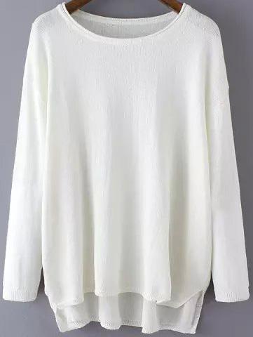 Romwe Dip Hem Split White Sweater