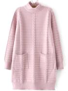 Romwe Turtleneck Cable Knit Pink Sweater Dress With Pockets