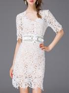 Romwe White V Neck Crochet Hollow Out Belted Dress