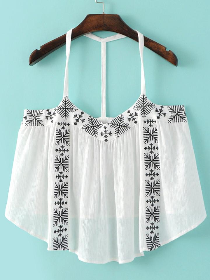 Romwe White Embroidery High Low Cami Top