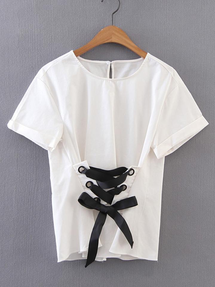 Romwe Rolled Cuff Lace Up Grommet Top