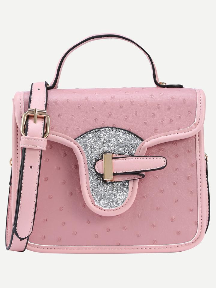 Romwe Faux Ostrich Leather Handbag With Strap - Pink