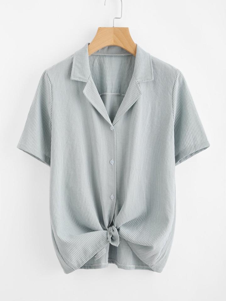 Romwe Revere Collar Vertical Striped Knot Front Shirt