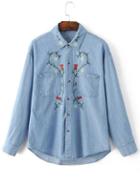 Romwe Blue Lapel Embroidery Dipped Hem Pocket Blouse