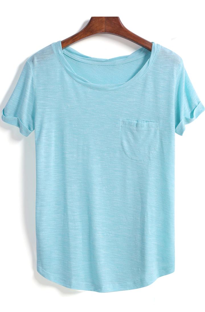 Romwe Blue Short Sleeve Pocket Loose Blouse