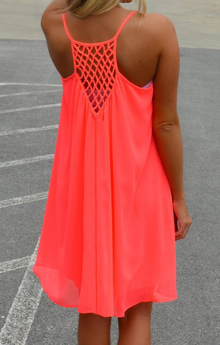 Romwe Spaghetti Strap Hollow Shift Neon Red Dress