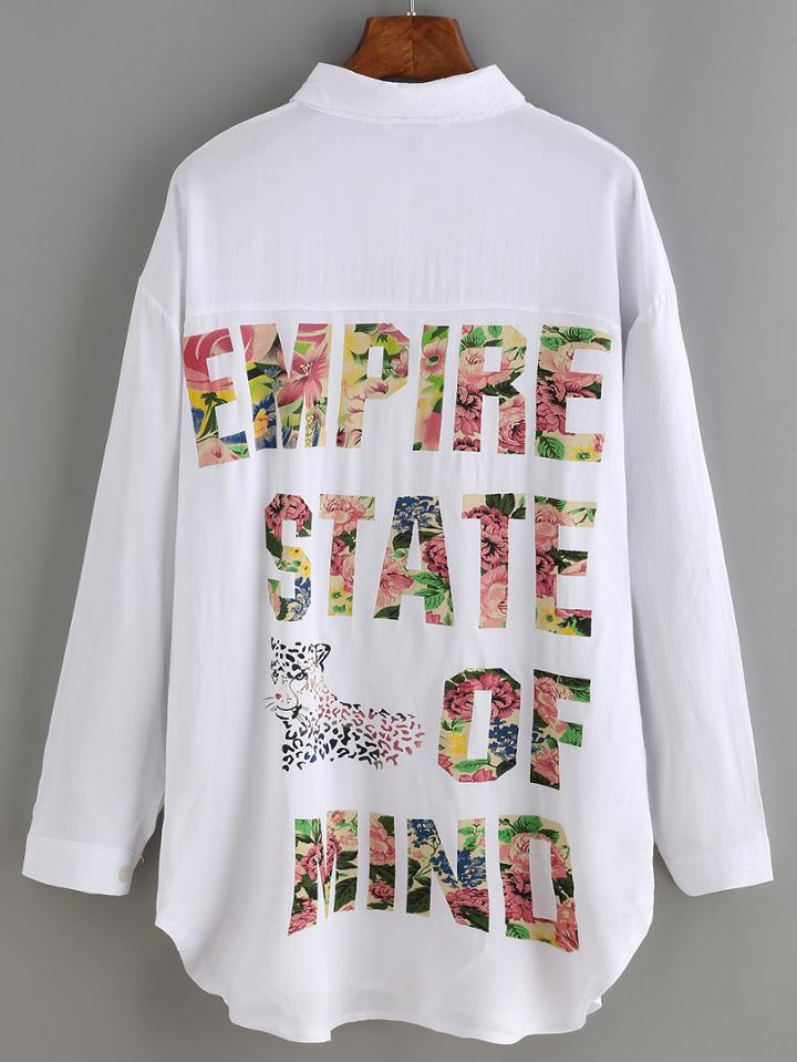 Romwe Letter Print White Blouse