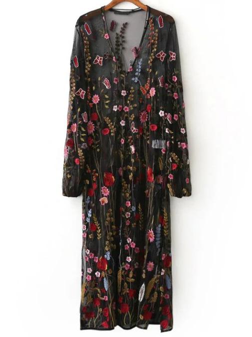 Romwe Black Floral Embroidery V Neck Sheer Mesh Maxi Dress