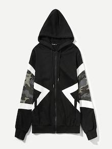 Romwe Guys Zip Front Hoodie Camo Print Striped Jacket