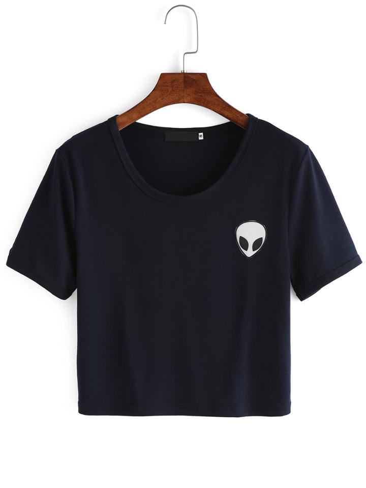 Romwe Blue Crew Neck Alien Print Crop T-shirt