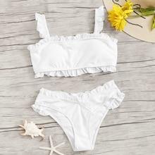 Romwe Ruffle Trim Solid Top With Asymmetrical Bikini Set