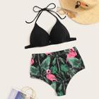 Romwe Triangle Halter Top With Random Tropical Bikini Set