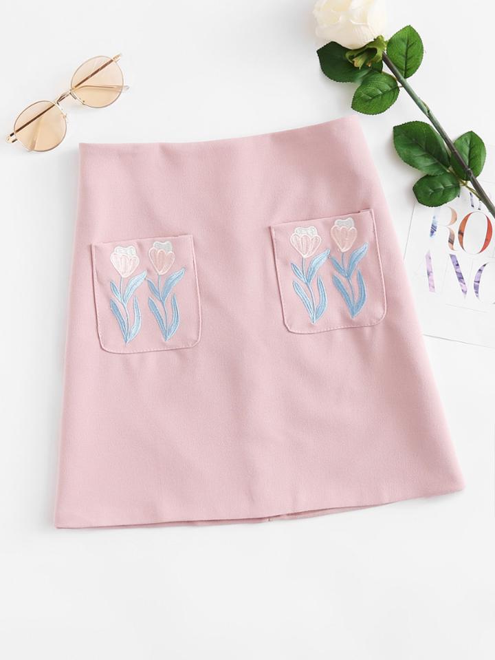 Romwe Floral Embroidered Dual Pocket Skirt