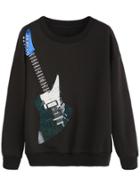 Romwe Black Guitar Print Sweatshirt