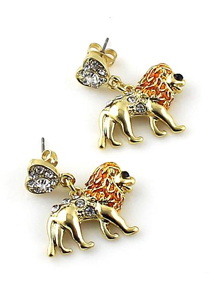Romwe Dangle Red Lion Rhinestone Earrings