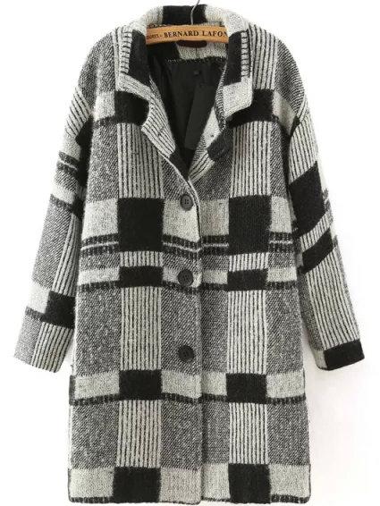 Romwe Lapel Plaid Buttons Coat