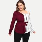 Romwe Plus Striped Panel Open Shoulder Blouse