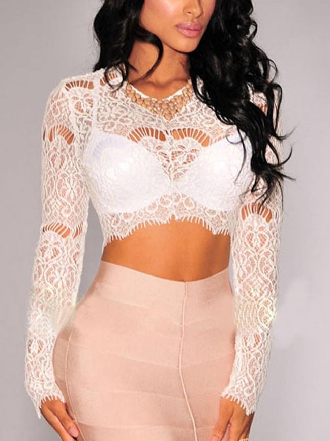 Romwe Long Sleeve White Lace Crop Top