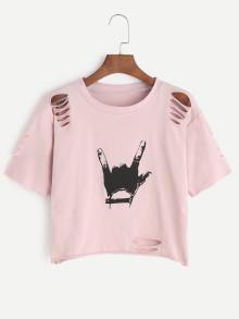 Romwe Gesture Print Ripped Crop T-shirt