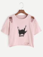 Romwe Gesture Print Ripped Crop T-shirt