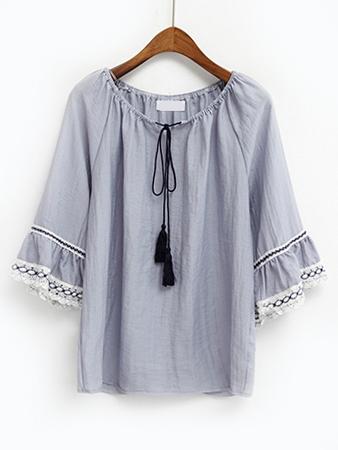 Romwe Blue Tie Neck Lace Trim Ruffle Sleeve Blouse