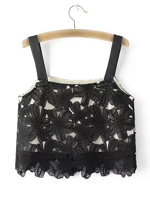 Romwe Black Crochet Crop Cami Top