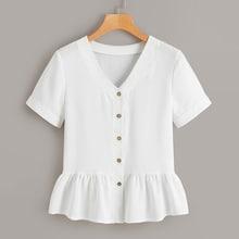 Romwe V-neck Button Front Ruffle Hem Blouse