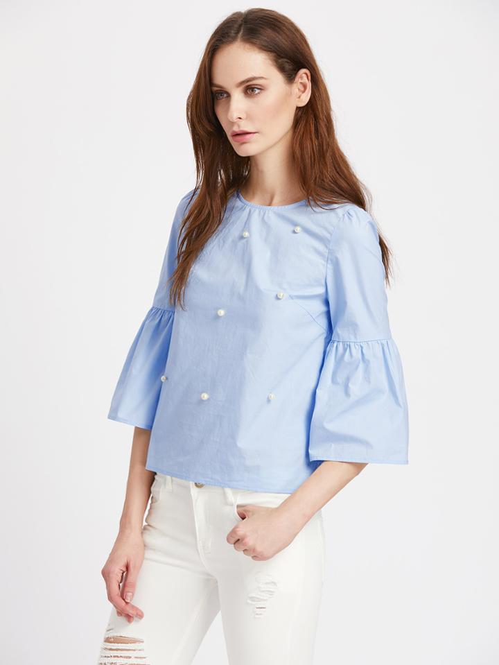Romwe Trumpet Sleeve Pearl Embellished Keyhole Top