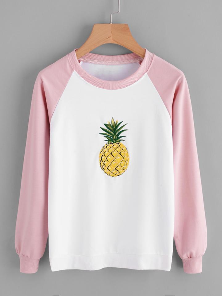 Romwe Contrast Raglan Sleeve Pineapple Embroidered Pullover