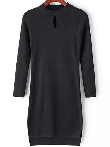Romwe Dip Hem Keyhole Black Sweater Dress