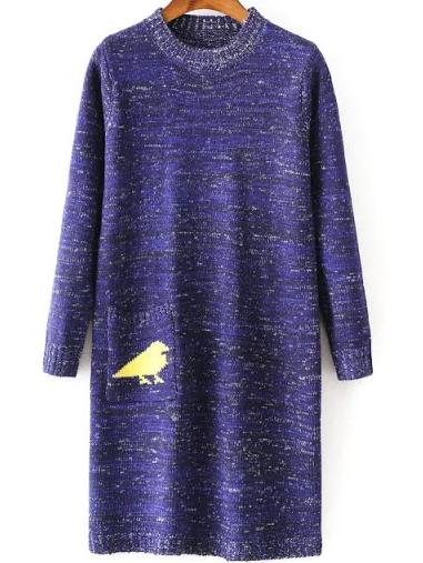 Romwe Bird Print Pocket Blue Sweater Dress