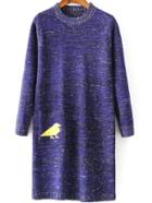 Romwe Bird Print Pocket Blue Sweater Dress