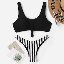 Romwe Knot Top With High Leg Striped Bikini Set