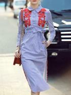 Romwe Blue Lapel Long Sleeve Tie-waist Pockets Embroidered Striped Dress