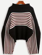 Romwe Black Striped Drop Shoulder Funnel Neck Sweater