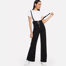 Romwe Zip Up Front Solid Wide Leg Pinafore Romper