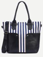 Romwe Navy Striped Canvas Tote Bag With Faux Leather Patch