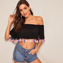 Romwe Off Shoulder Colorful Tassel Hem Top