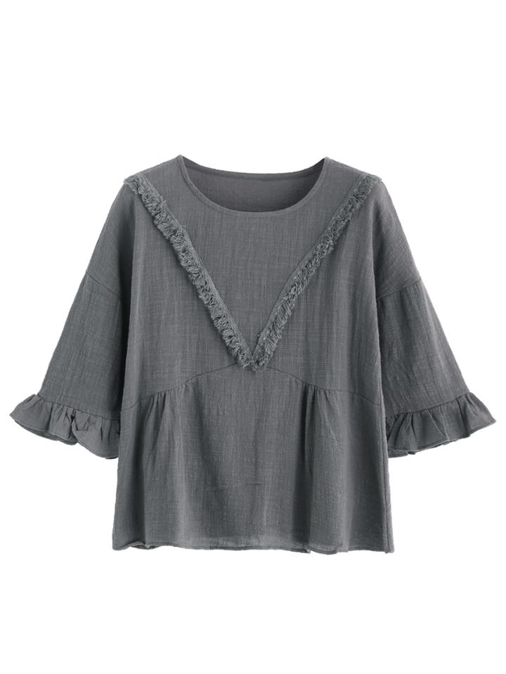 Romwe Grey Ruffle Sleeve Fringe Detail T-shirt